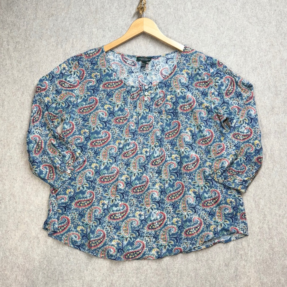 Lauren Ralph Lauren Blue Paisley Henley Blouse XL 3/4 Sleeve Cotton Viscose Top